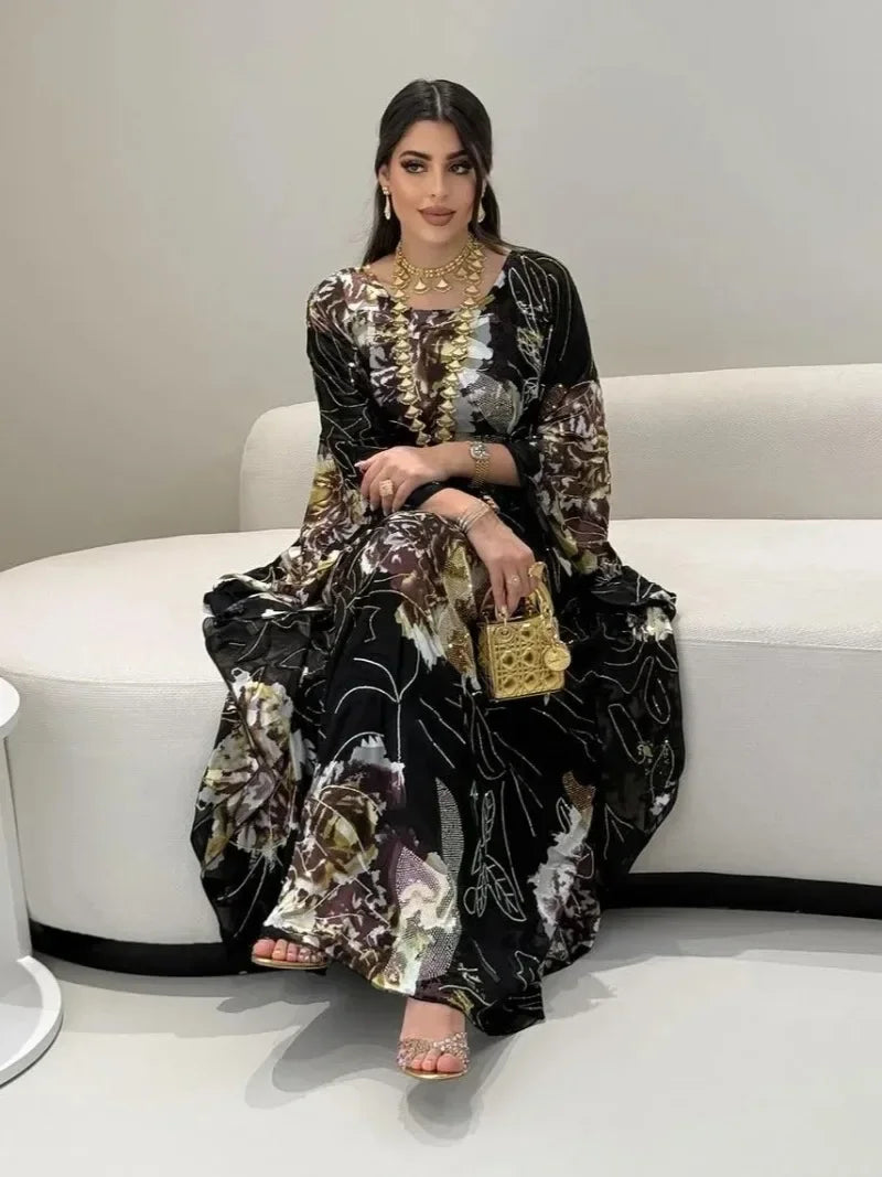 Muslim Dress for Women Chiffon Diamond Party Abaya Dresses Arab Long Robe Morocco Dubai Kaftan Vestidos Jalabiya Ramadan Eid